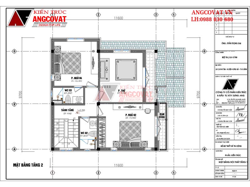 Mặt bằng tầng 2: Bản vẽ thiết kế nhà mặt tiền 9m diện tích 100m2 2 tầng 3 phong ngủ