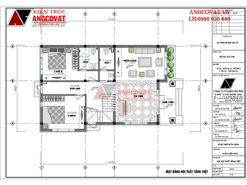Mặt bằng công năng tầng trệt: Bản vẽ thiết kế nhà mặt tiền 9m sâu 15m mái thái xa hoa