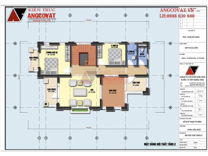 Mặt bằng tầng 2: Mẫu thiết kế biệt thự mini 2 tầng mái thái đẹp kích thước 13x8m
