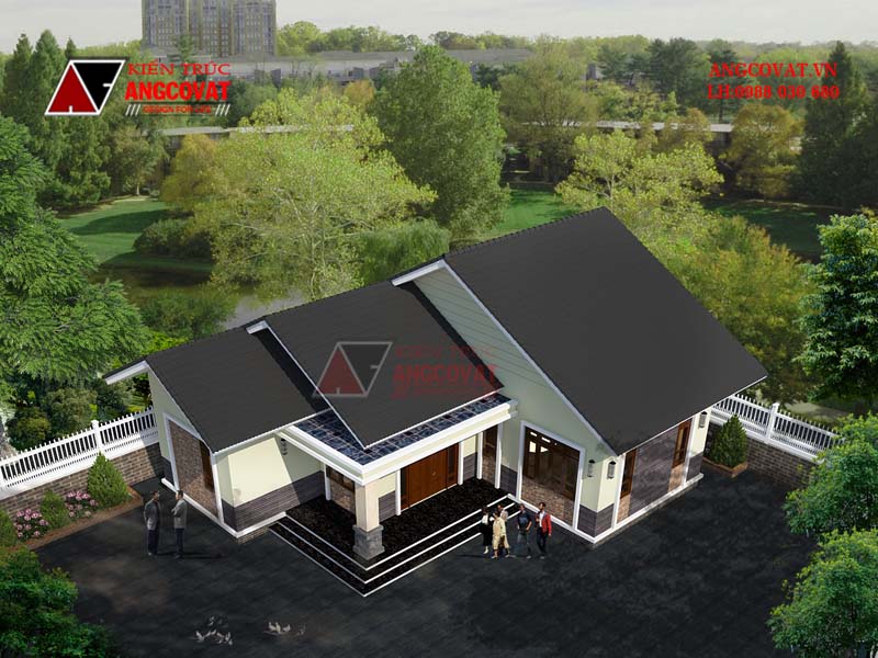 Phối cảnh view 2: hệ thống mái mẫu thiết kế nhà trệt đơn giản 3 phòng ngủ 120m2