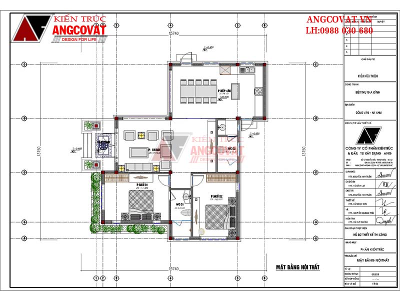  Mặt bằng nội thất mẫu thiết kế nhà trệt đơn giản 2 phòng nhủ diện tích 120m2