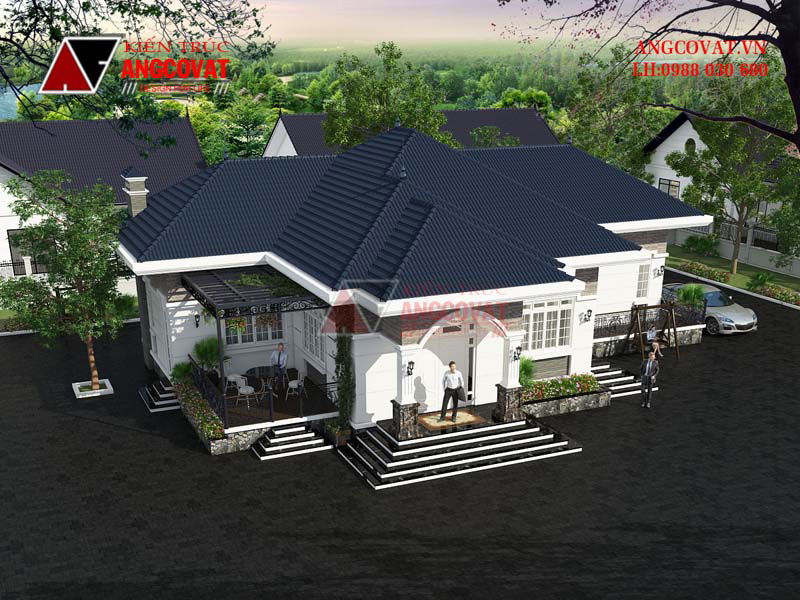 Phối cảnh view 3: Thiết kế mái bản vẽ nhà trệt nông thôn tân cổ điển diện tích 200m2