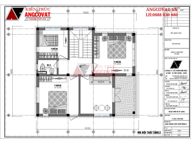 Mặt bằng bố trí nội thất tầng 2 thiết kế nhà nhỏ 80m2 tại Đông Hưng – Thái Bình