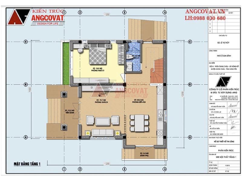 Mặt bằng tầng 1: Bản vẽ thiết kế biệt thự mini 2 tầng mái dốc 90m2 có 4 phòng ngủ