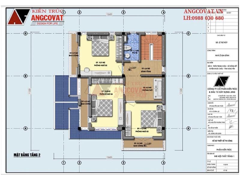 Mặt bằng tầng 2: Bản vẽ thiết kế biệt thự mini 2 tầng mái dốc 90m2 có 4 phòng ngủ