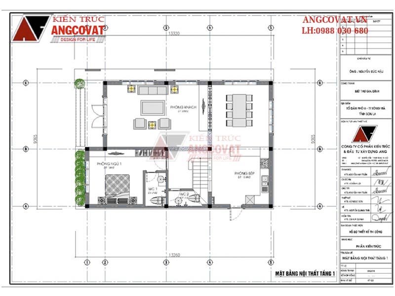 Mặt bằng tầng 1: Bản vẽ thiết kế biệt thự mini 2 tầng có 4 phòng ngủ tại Sơn La