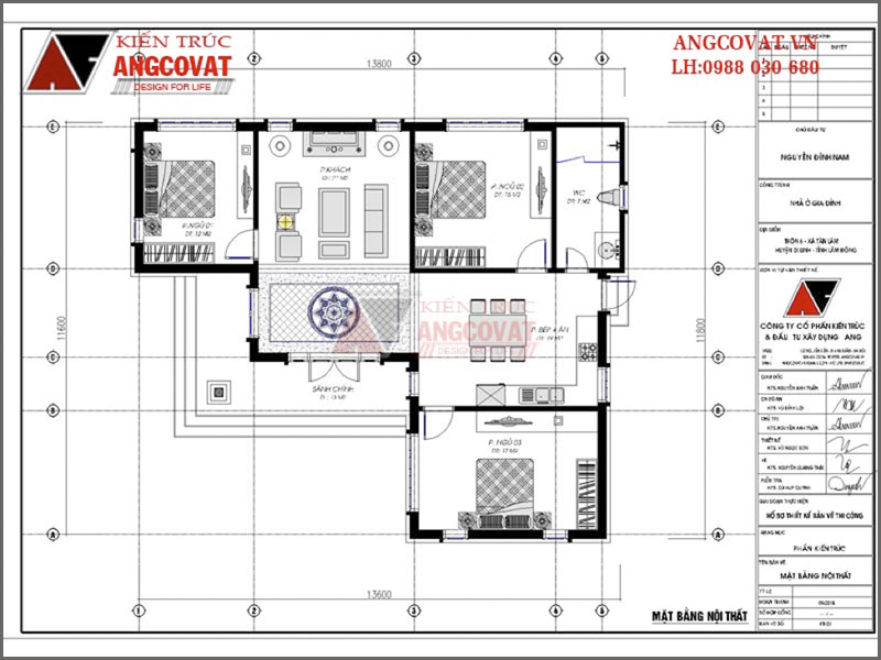 Mặt bằng nội thất: Thiết kế nhà cấp 4 mái thái 1 tầng 3 phòng ngủ diện tích 120m2