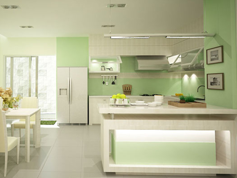 Sử dụng màu xanh tại phòng bếp để phù hợp với màu sơn nhà đẹp cho người mệnh Hỏa