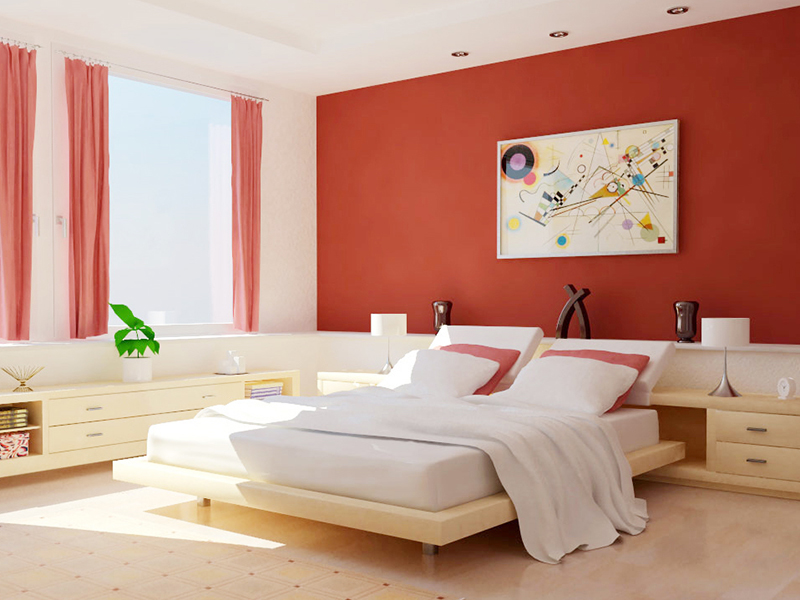 Phòng ngủ đơn giản sắc đỏ là phương án màu sơn nhà đẹp cho người mệnh Hỏa