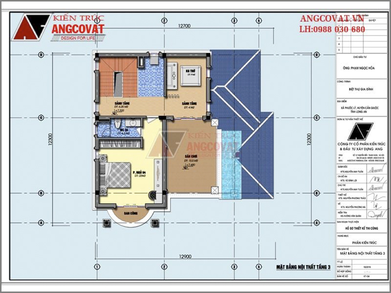 Mặt bằng tầng 3: Bản vẽ nhà dân dụng 3 tầng tân cổ điển có 4 phòng ngủ