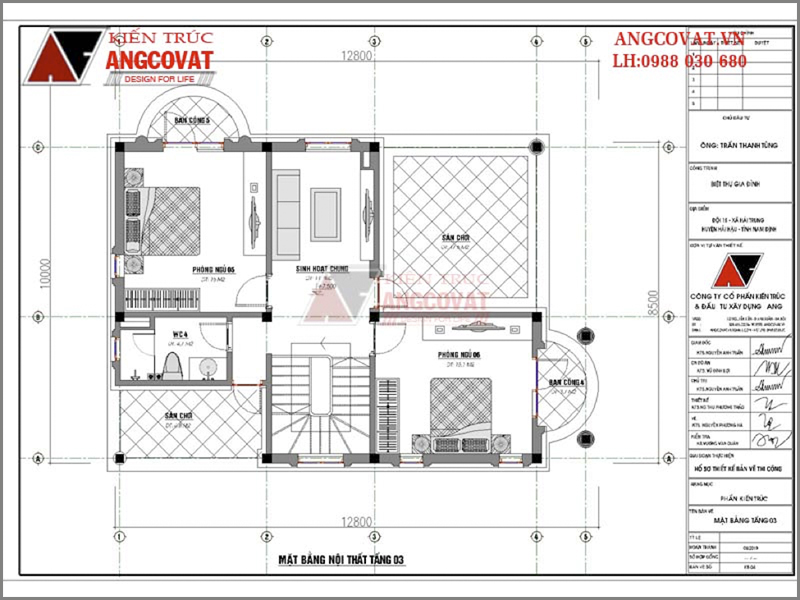 Mặt bằng tầng 3: Bản vẽ nhà dân dụng 3 tầng kiến trúc tân cổ điển 6 phòng ngủ