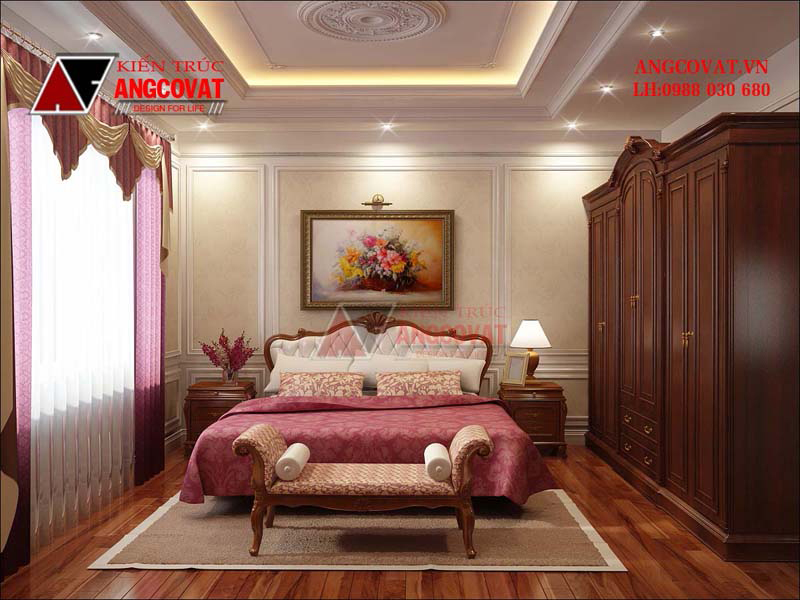 Phòng ngủ master tân cổ điển được bày trí đơn giản nhưng đầy tiện nghi