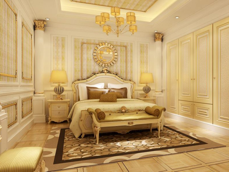 Phòng ngủ master tân cổ điển xa hoa và tinh tế với hai màu trắng và vàng