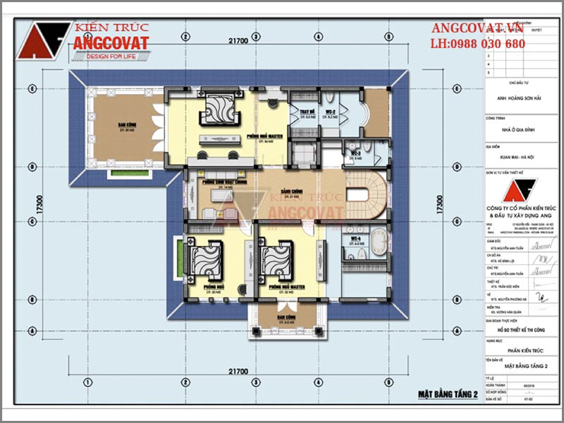 Chi phí xây nhà biệt thự 3 tầng 4 phòng ngủ diện tích 220m2– Mặt bằng tầng 2