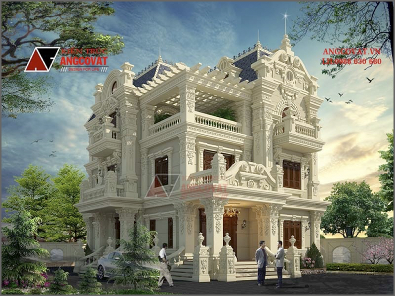 Hình ảnh phối cảnh 3D: Bản thiết kế nhà biệt thự kiểu Pháp diện tích 200m2 tại Hưng Yên