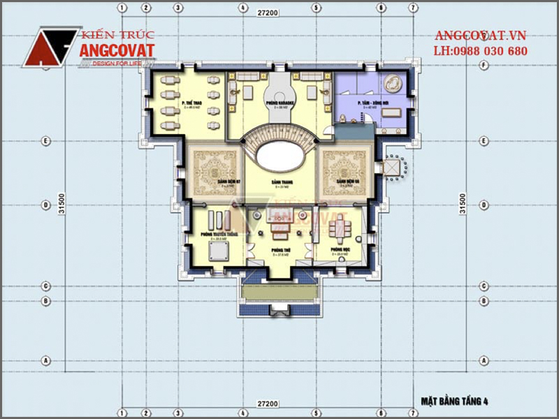 Mặt bằng nội thất tầng 4: Bản thiết kế nhà biệt thự kiểu Pháp 4 tầng xa hoa kích thước 27x31m