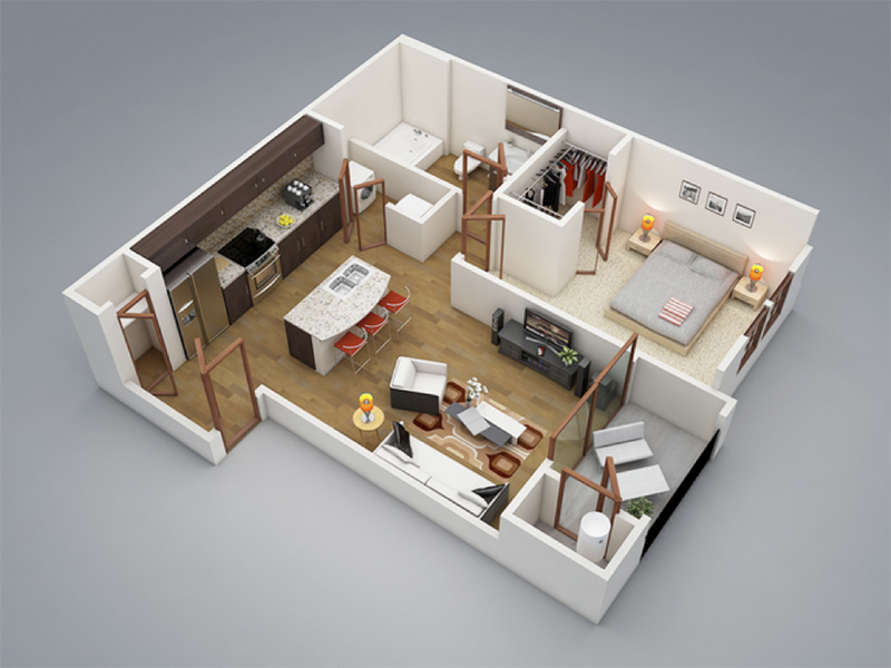 Phương án thiết kế công năng phù hợp với kiểu nhà 1 phòng ngủ số 1