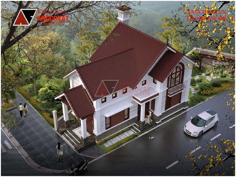 Phối cảnh view 2: Thiết kế nhà cấp 4 ngang 7m có gác lửng mái ngói đỏ tươi tại Thanh Hoá