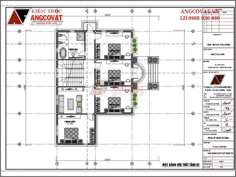 Mặt bằng tầng 2: Thiết kế biệt thự kiểu pháp tại Hà Nội 3 tầng kiến trúc tân cổ điển 150m2