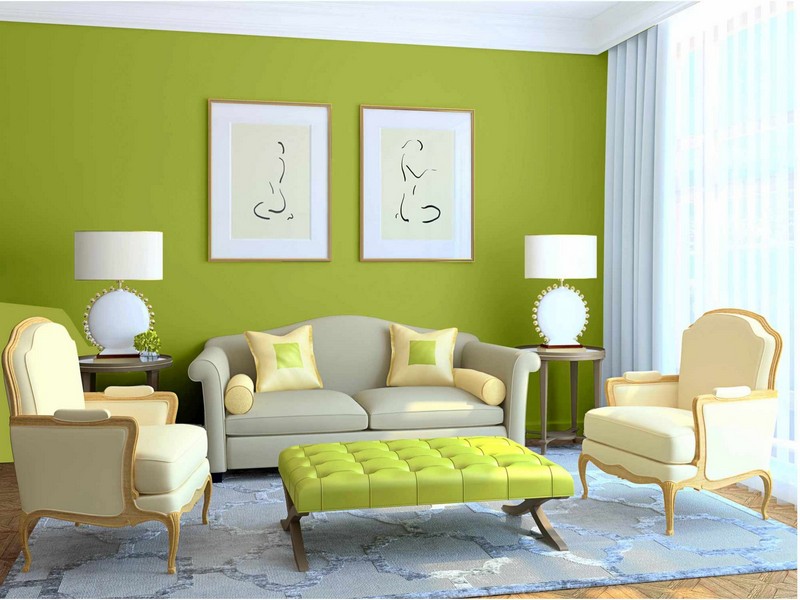 trang trí phòng khách màu xanh lá cây đơn giản