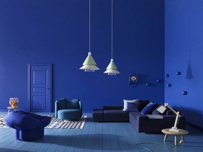 trang trí phòng khách màu xanh dương
