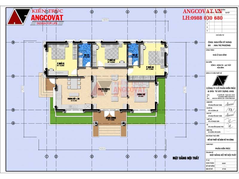 Bản vẽ mặt bằng công năng sử dụng mẫu nhà 1 tầng ngang 17m 3 phòng ngủ 140m2