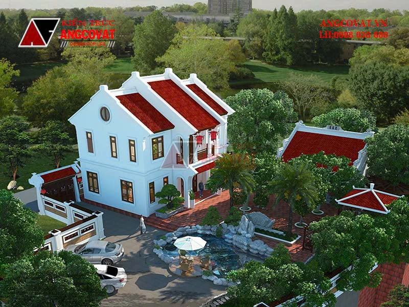 Thiết kế biệt thự 2 tầng mai ngói và nhà thờ trên cùng mảnh đất ở quê hương