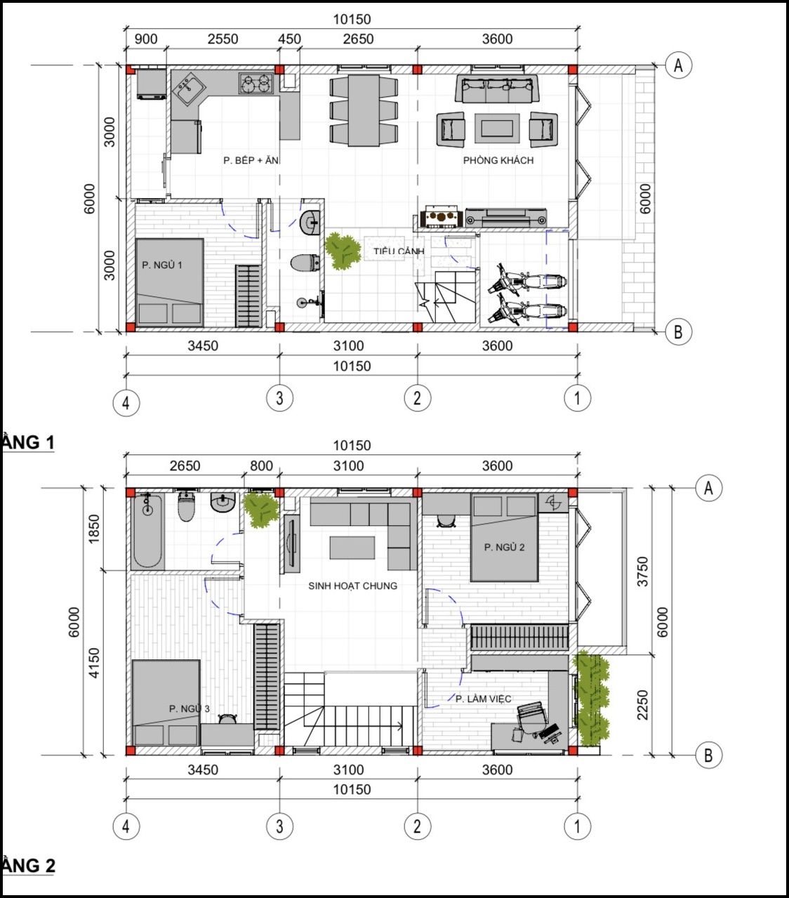 Bản vẽ mặt bằng nhà 2 tầng 6x12m 