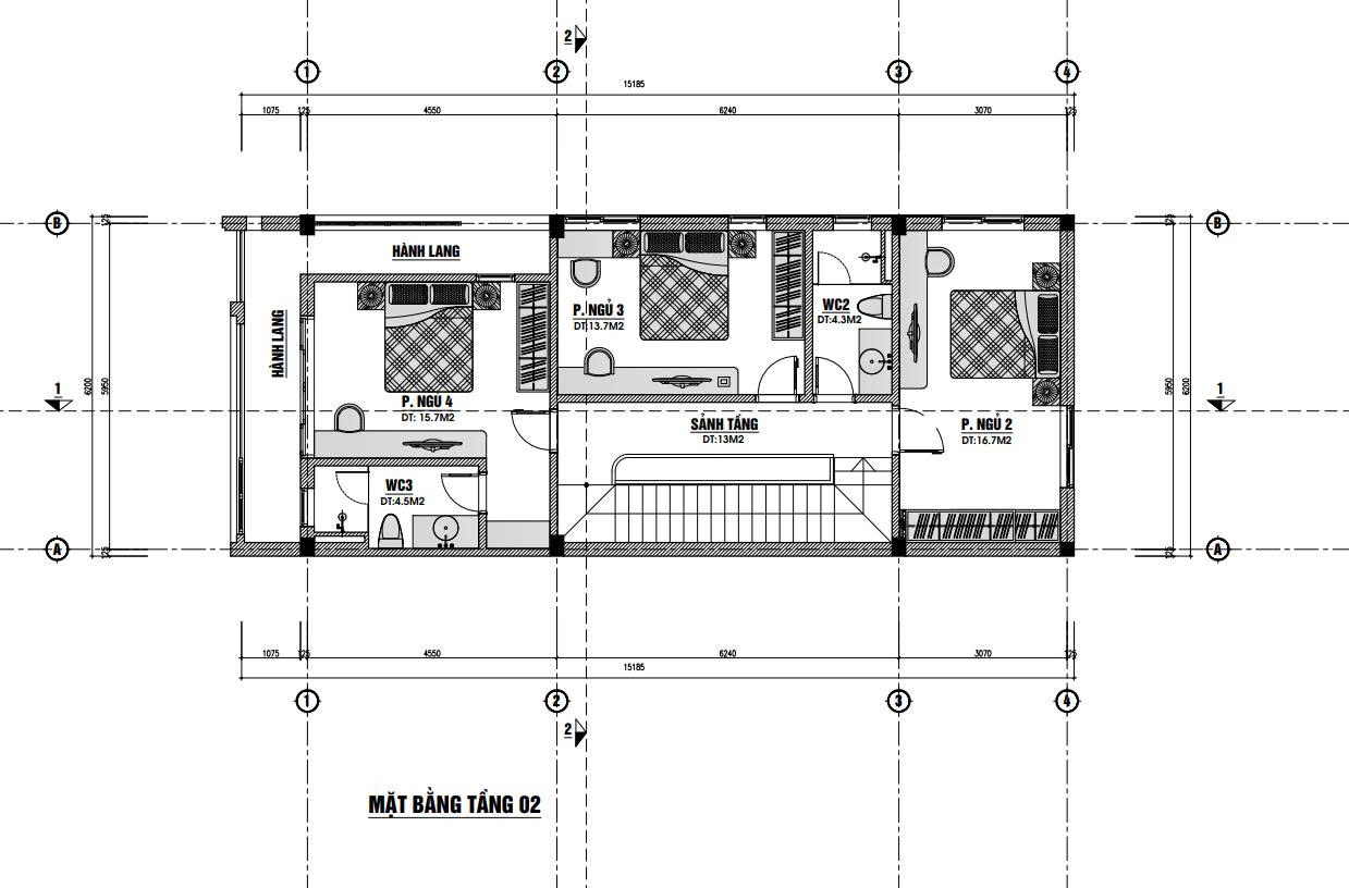 Bản thiết kế nhà mặt tiền 6m 2 tầng 4 phòng ngủ 