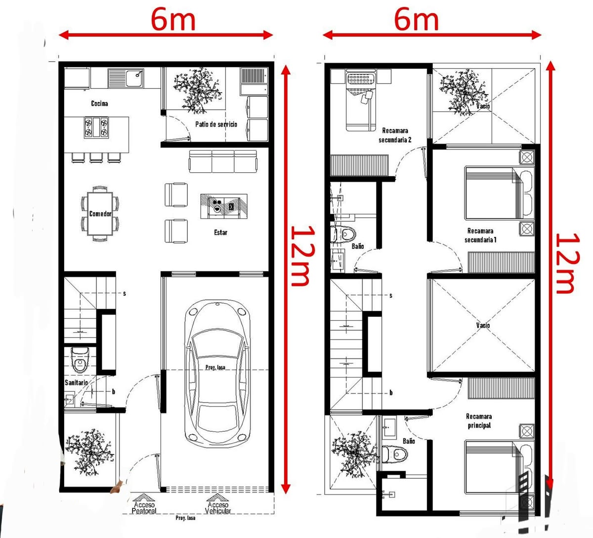 Bản vẽ mặt bằng nhà 2 tầng 6x12m 
