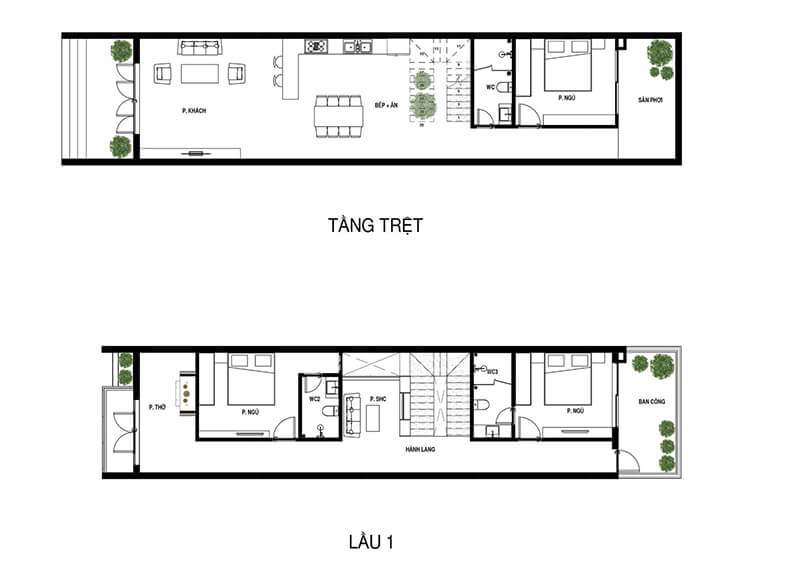 Thiết kế mặt bằng nhà phố 5x14 3 phòng ngủ 1 trệt 1 lầu