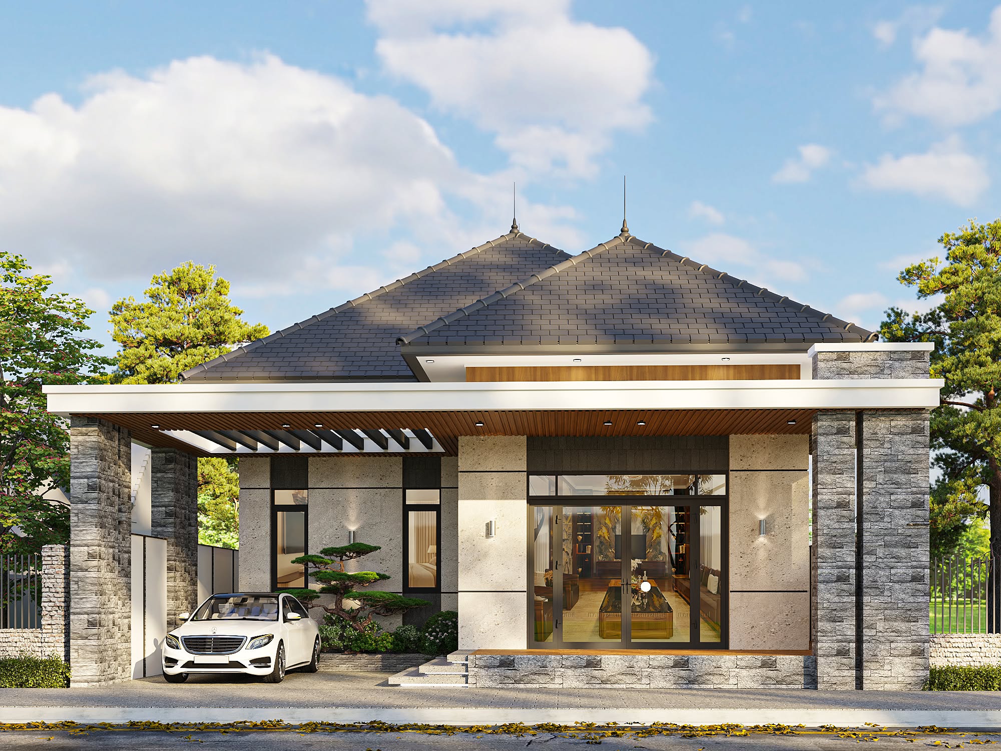 Bản vẽ thiêt kế nhà cấp 4 3 phòng ngủ 1 phòng khách hiện đại 