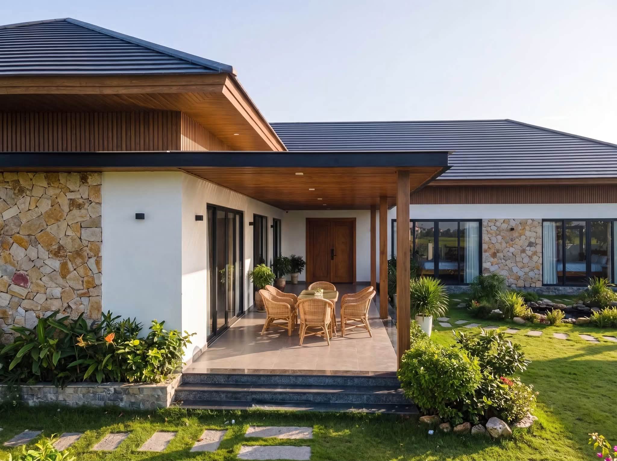 Phương án xây nhà cấp 4 mái nhật hiện đại có 3 phòng ngủ 1 phòng khách 1 phòng bếp 