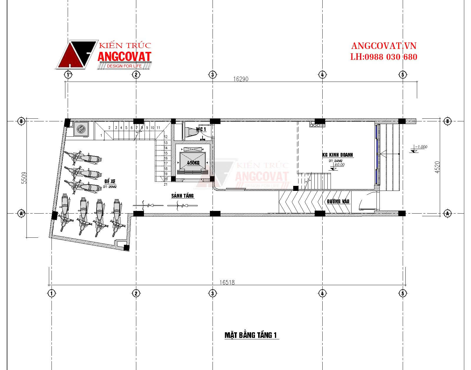 Mặt bằng tầng 1 nhà phố 4.5x16m