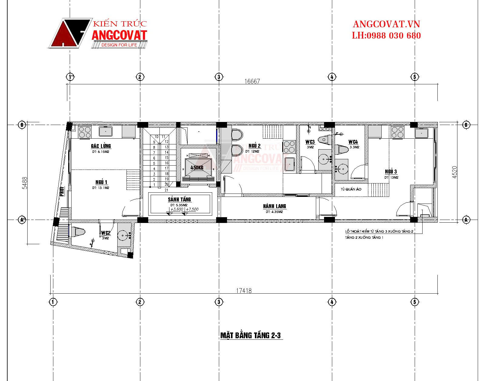 Mặt bằng tầng 2,3 nhà phố 4.5x16m