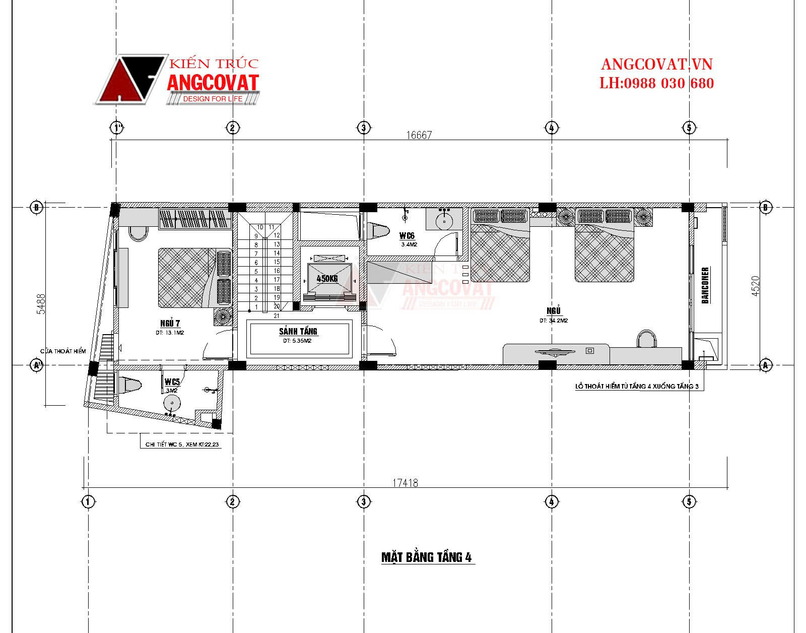 Mặt bằng tầng 4 nhà phố 4.5x16m