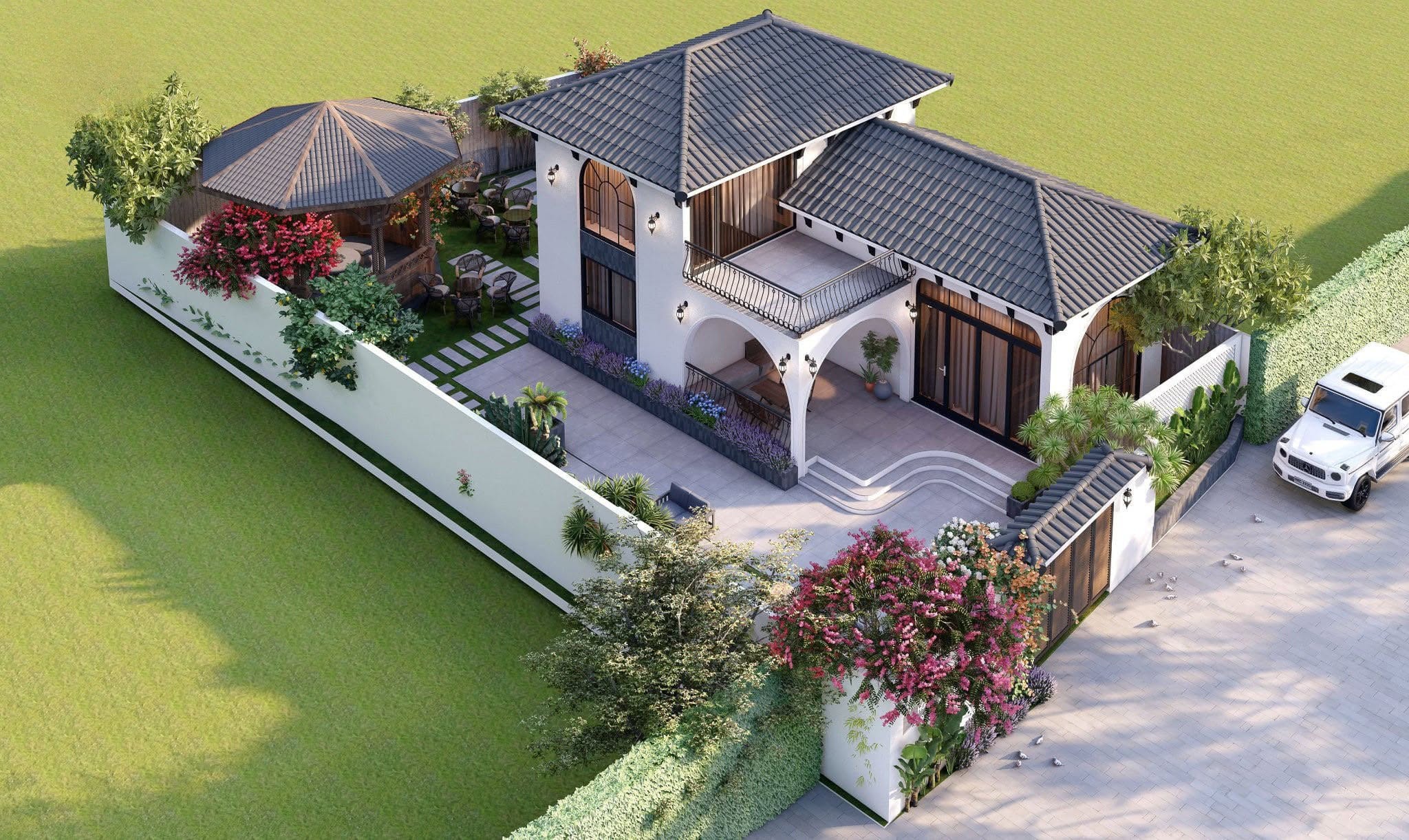 Nhà mái Nhật 1 trệt 1 lầu giật cấp 100m2: Tuyệt tác biệt thự sân vườn đẳng cấp thượng lưu