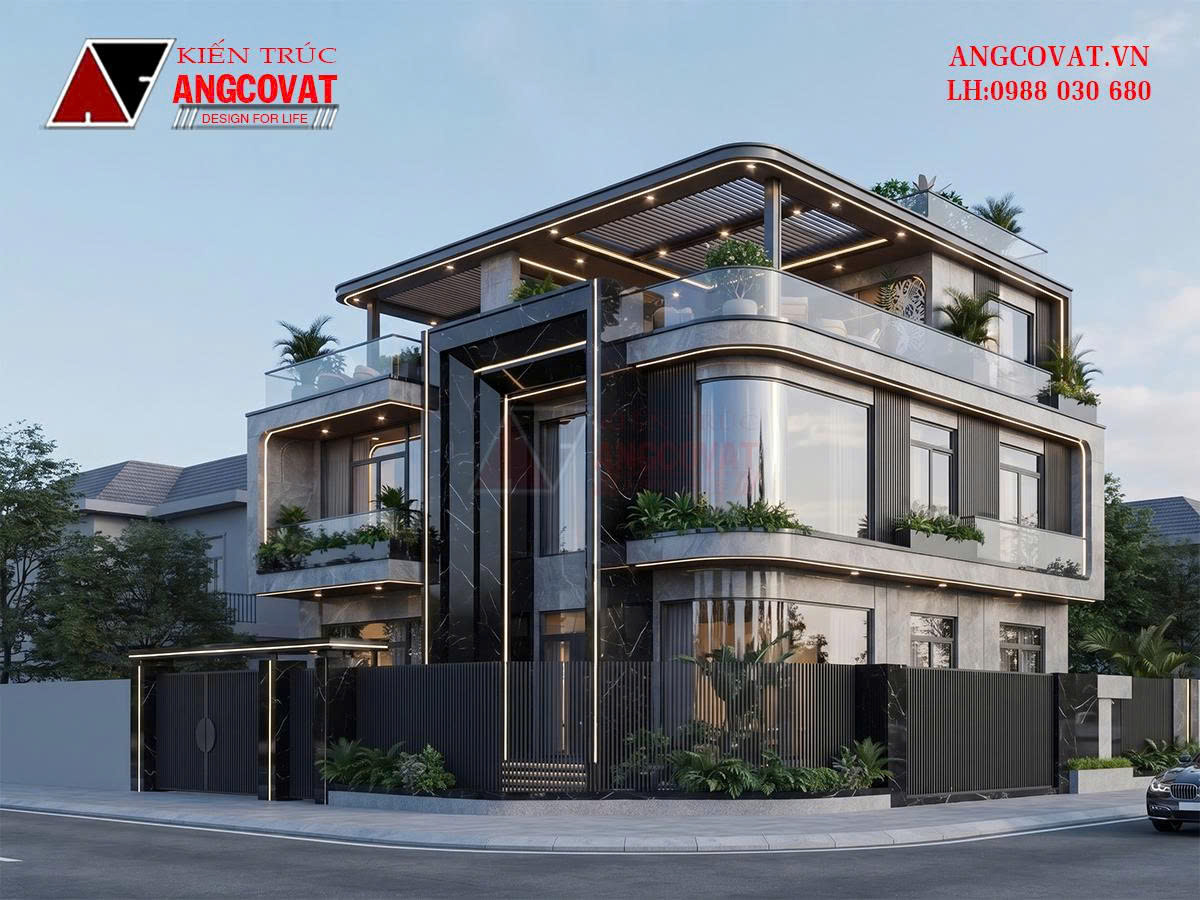 Thiết kế nhà lô góc 2 mặt tiền 3 tầng 120m² hiện đại ấn tượng
