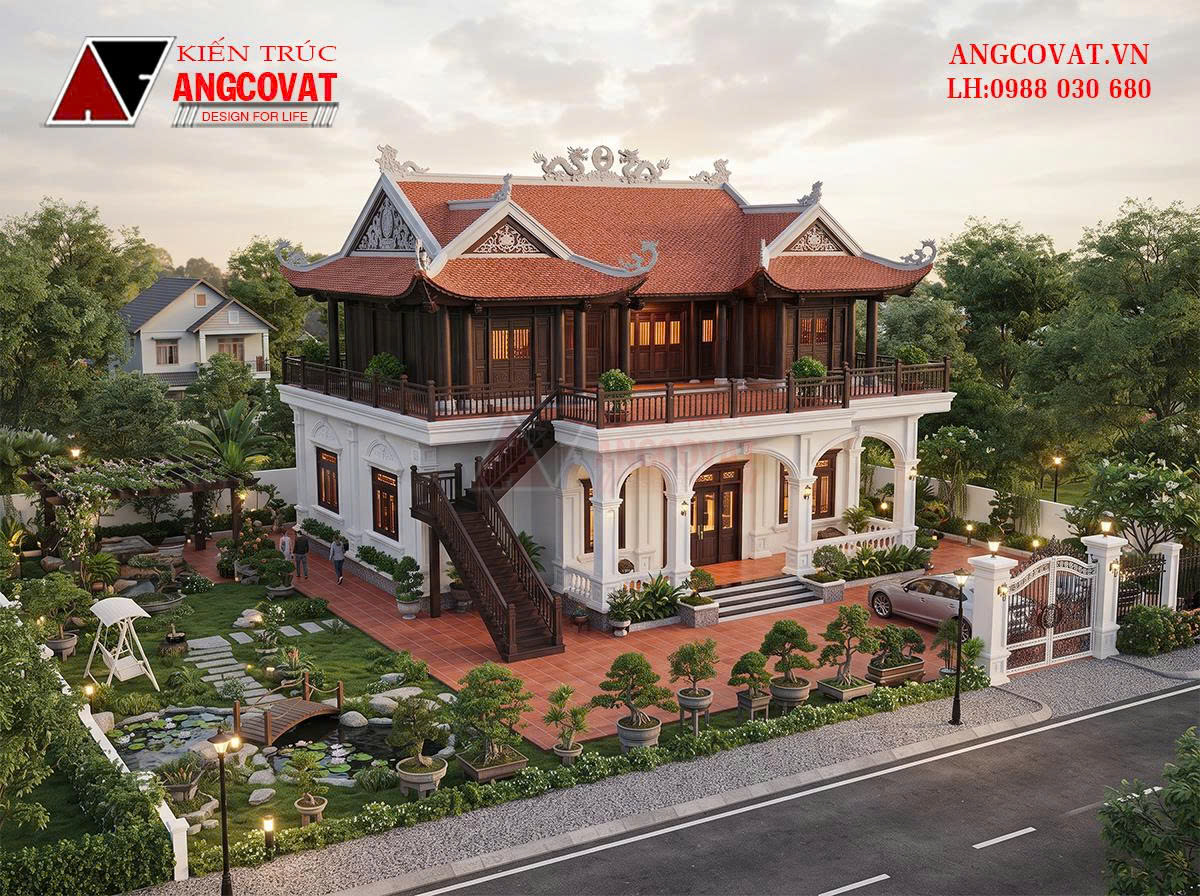 Nhà gỗ 3 gian cần bao nhiêu khối gỗ? Chi phí hoàn thiện nhà thờ gỗ 80m2 trên tầng 2