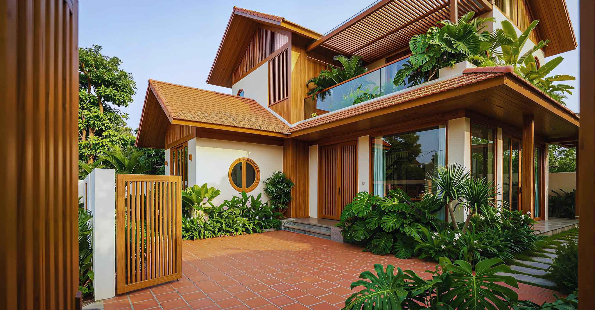 Mẫu nhà gỗ 2 tầng mái Thái 150m2 tại Hưng Yên – Đỉnh cao kiến trúc biệt thự sân vườn đẳng cấp