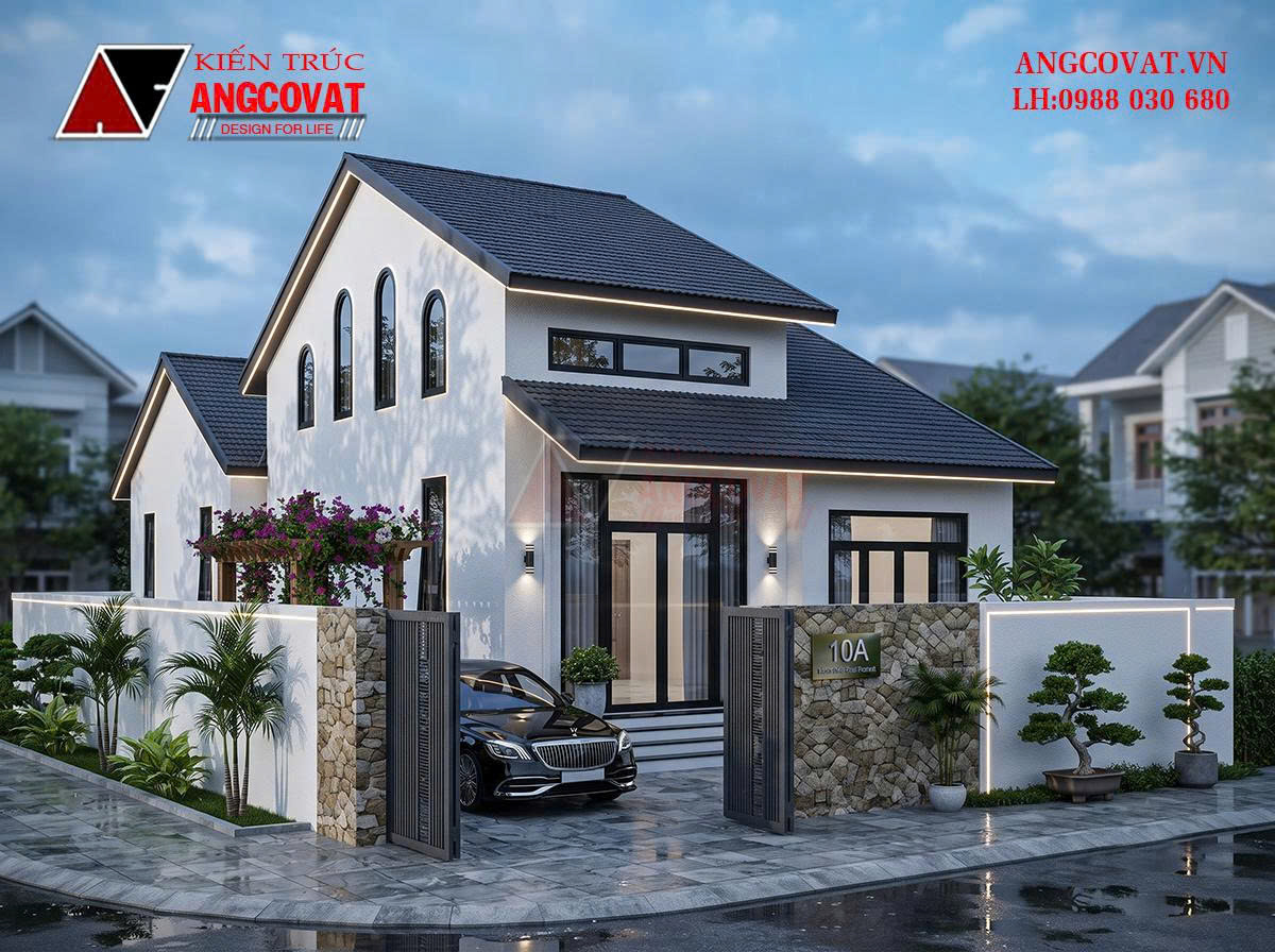 Thiết kế nhà mặt tiền 8m sâu 12m kiến trúc nhà cấp 4 gác lửng phong cách Bắc Âu