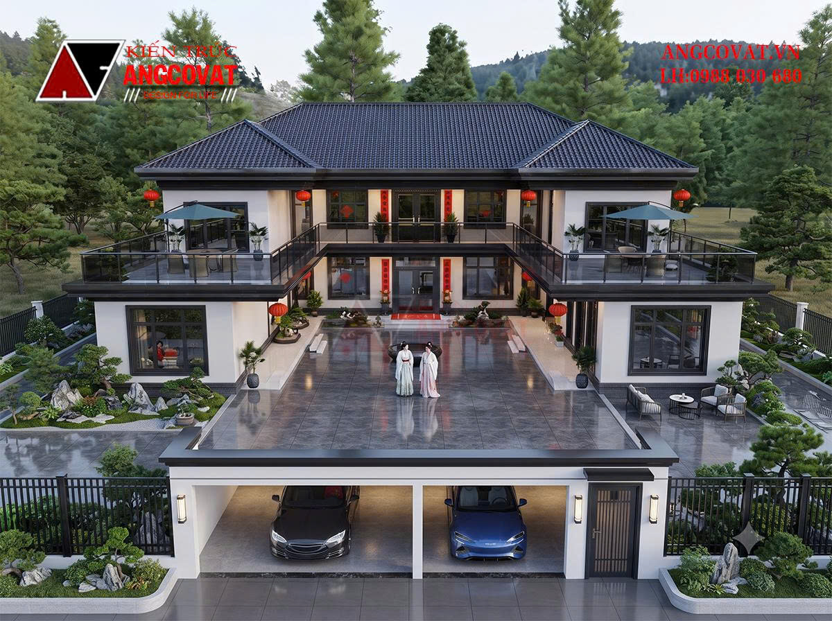 Kinh nghiệm thiết kế nhà tam hợp viện 2 tầng mặt tiền 15m rộng và thoáng