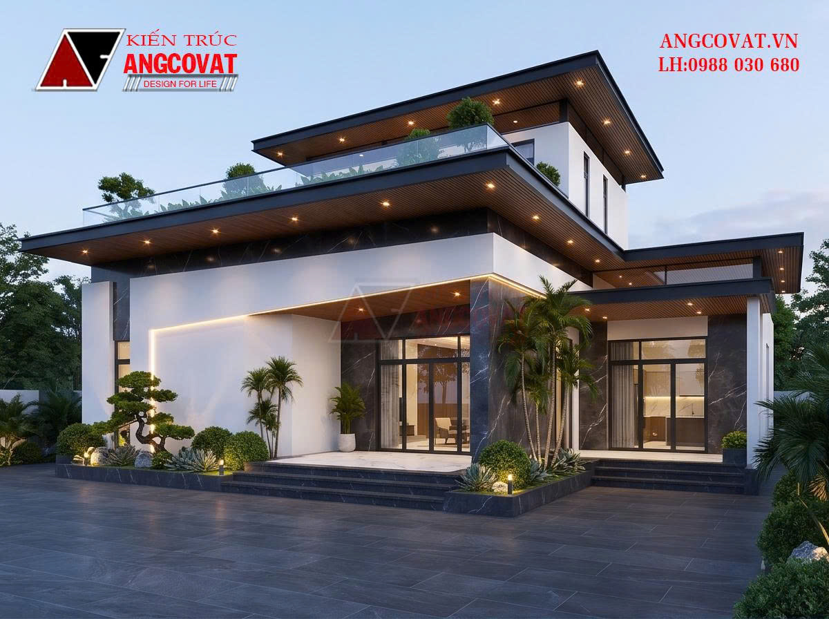 Thiết kế biệt thự hiện đại 1 tầng 1 tum 120m²  kiến trúc mái bằng sáng tạo, độc đáo BT3261026