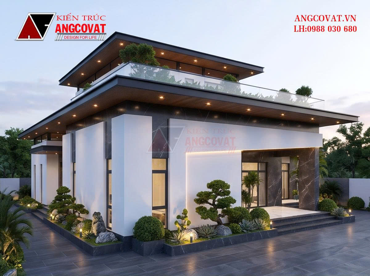 Thiết kế biệt thự hiện đại 1 tầng 1 tum 120m²  kiến trúc mái bằng sáng tạo, độc đáo BT3261026
