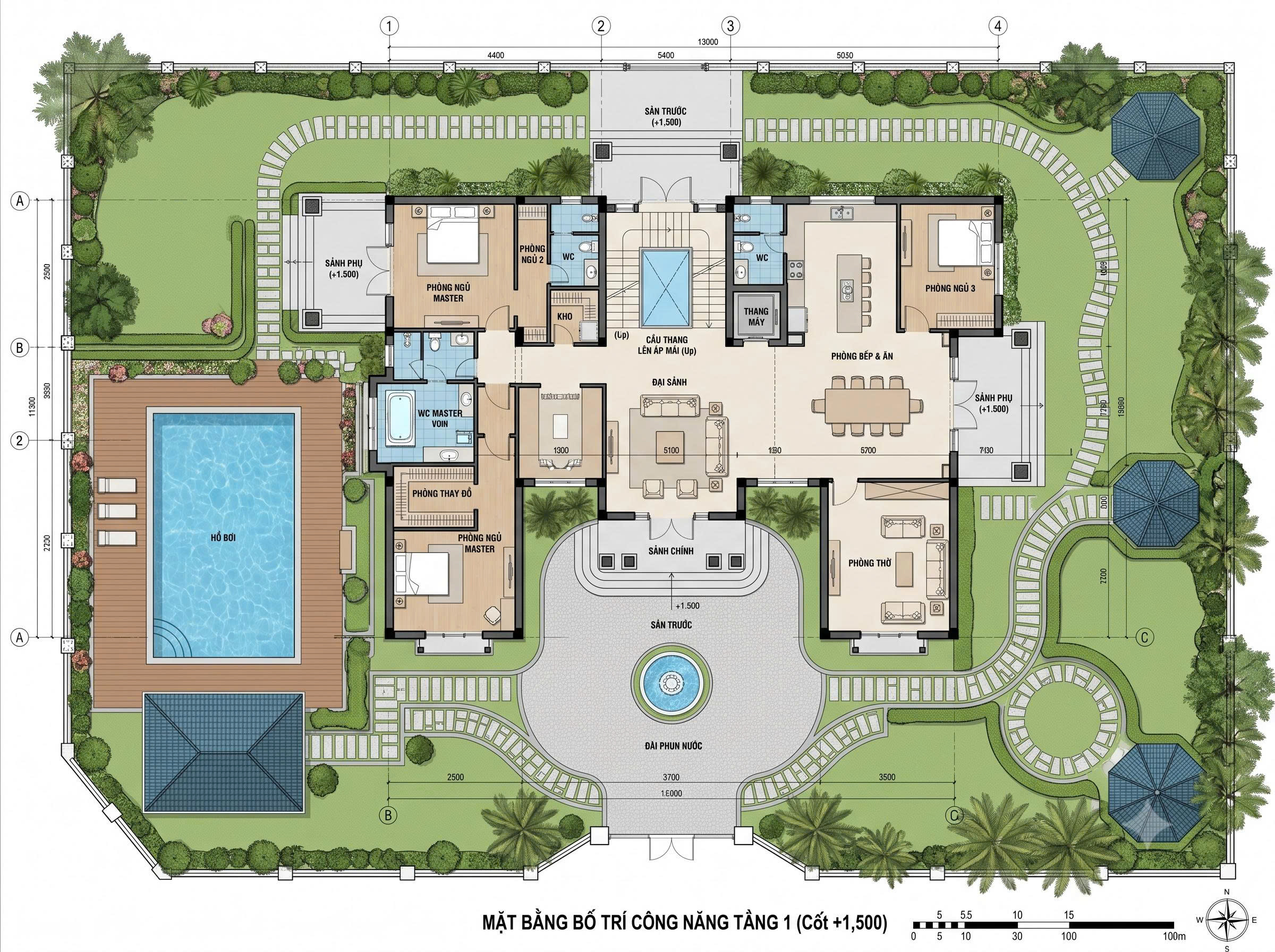 Thiết kế biệt thự sân vườn 400m2 kiểu châu Âu kết hợp cảnh quan xanh BT2141026